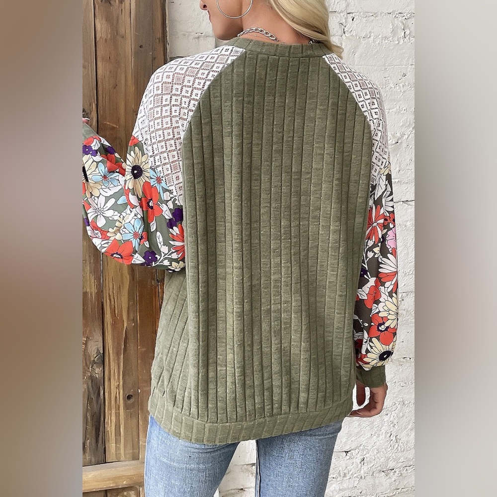 Laurel Green Floral Patchwork Long
Sleeve Ribbed Blouse Bohemian Top - Picture 5 of 5